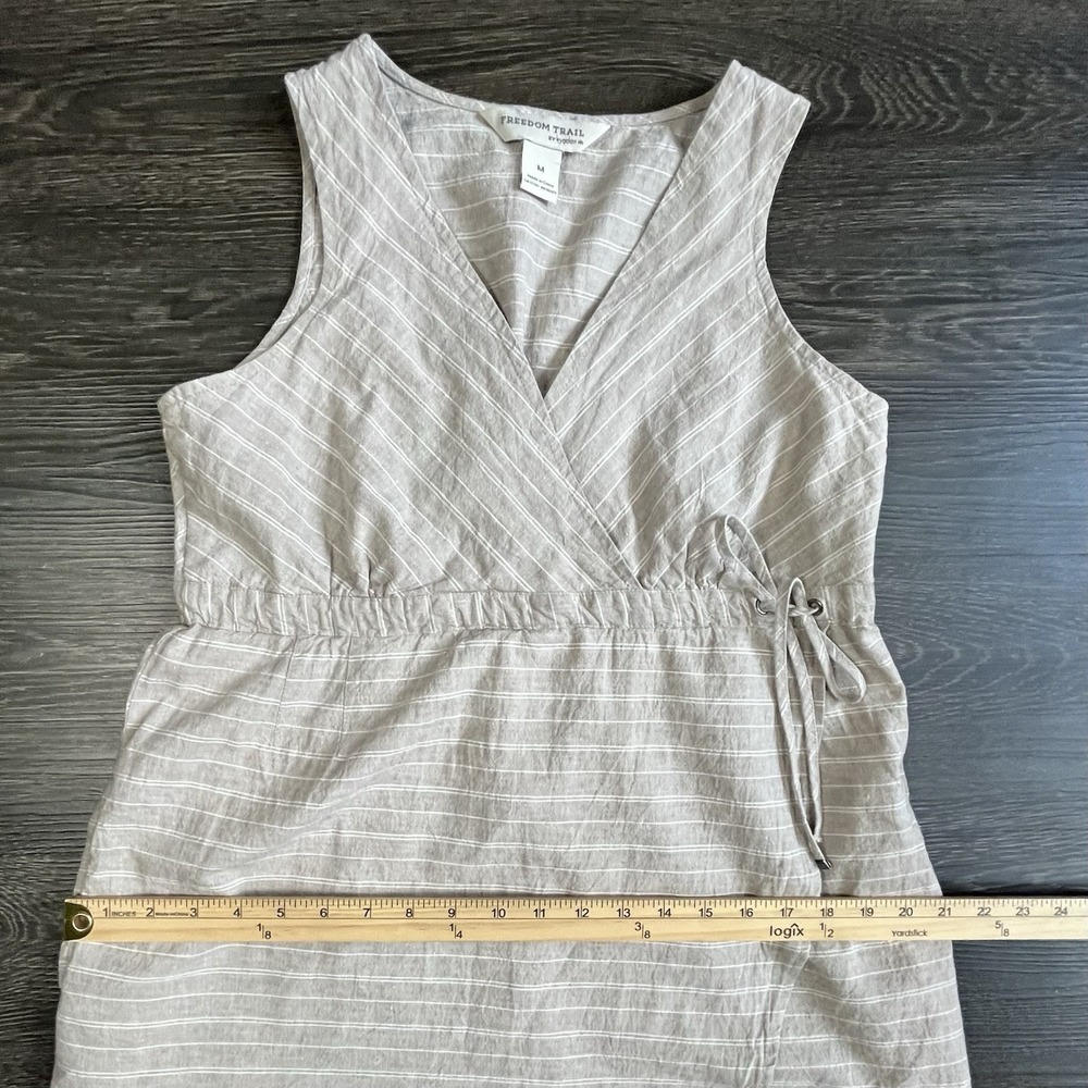 Kyodon Linen Blend Faux Wrap Mini Dress‎ Beige Striped Medium Boho Beach Casual - Picture 9 of 11